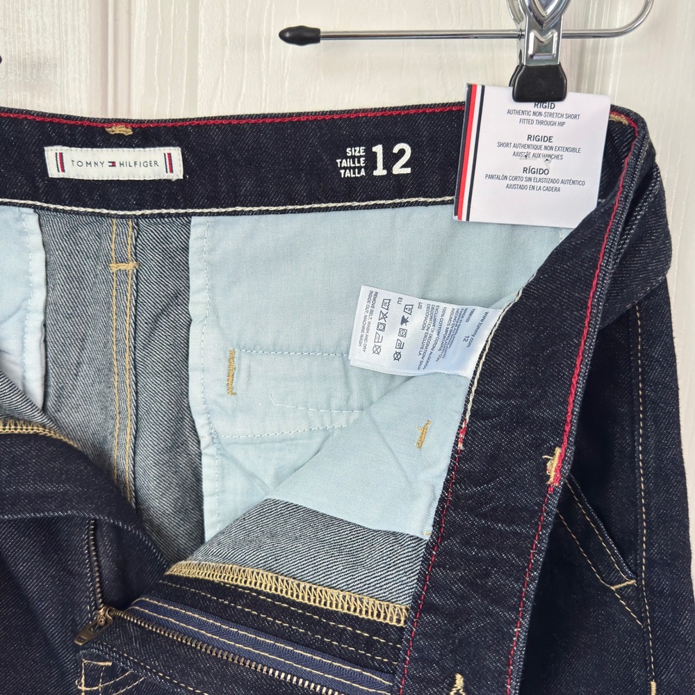 Tommy Hilfiger Denim Shorts Women 12 Dark Blue NWT High Rise Rigid Tie Waist - Picture 2 of 5